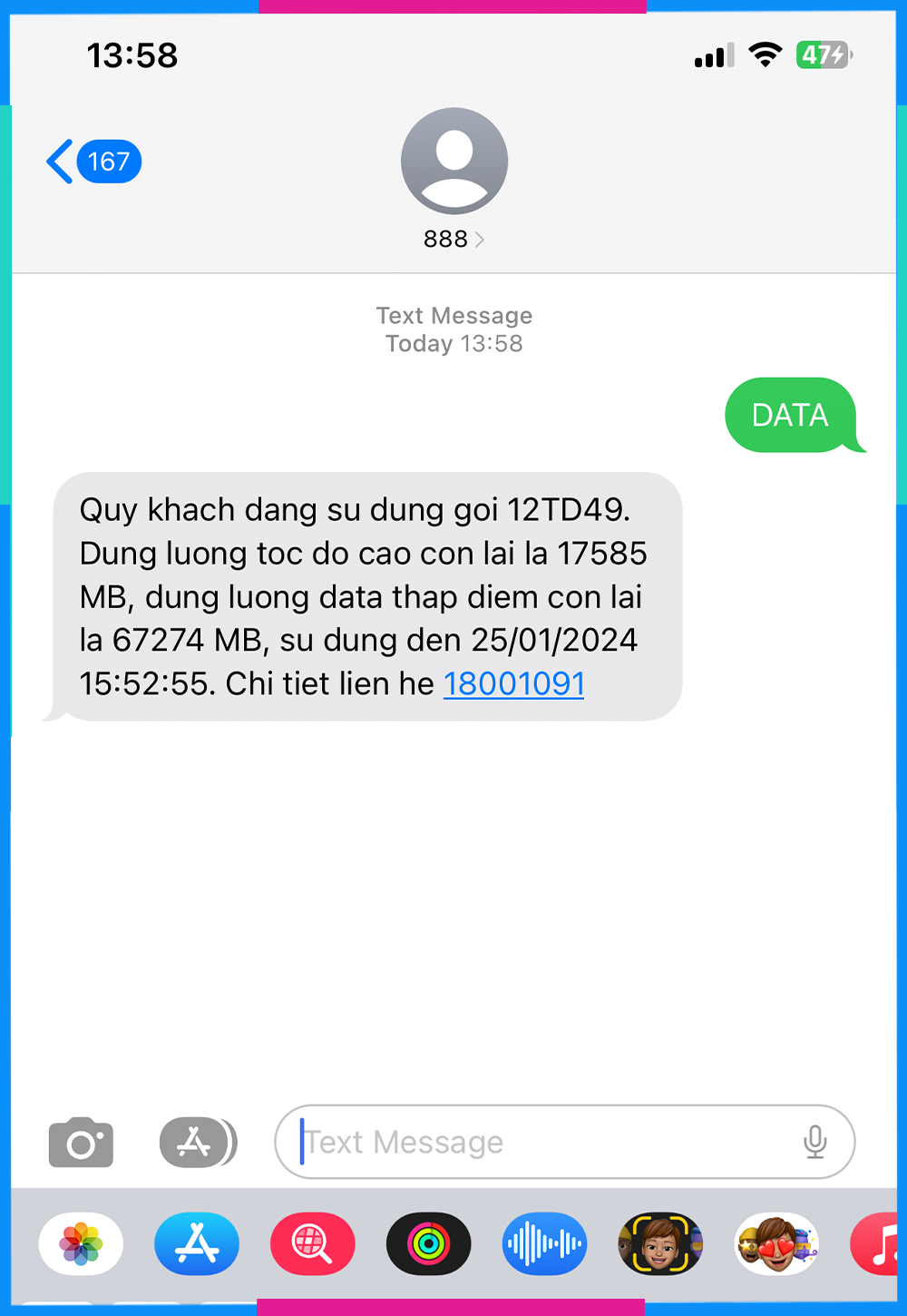 Cách kiểm tra dung lượng 4G Vina Tin nhắn