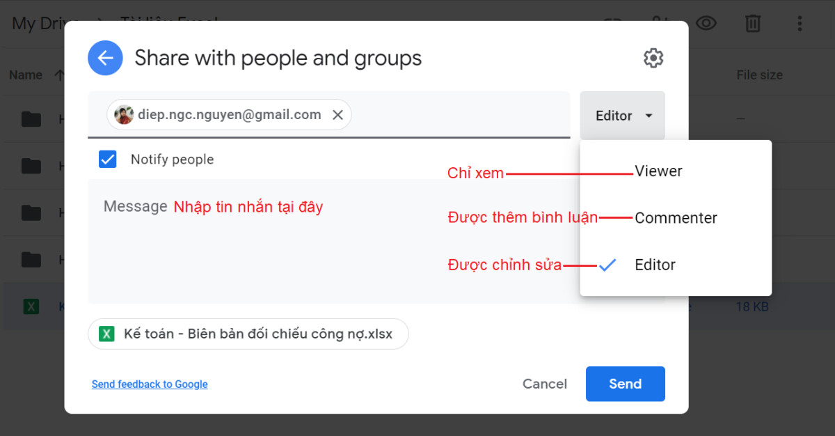 Tạo link file Excel chia sẻ trực tiếp đến địa chỉ email người nhận bước 3