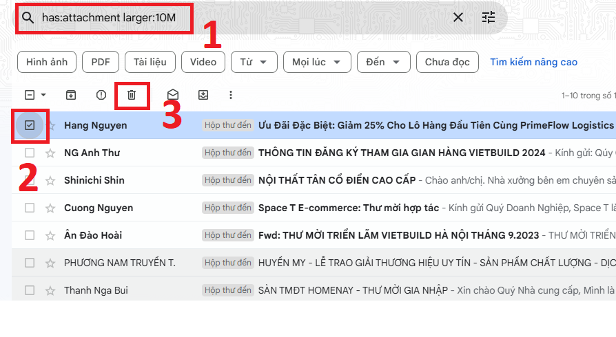 Xóa các Email chứa Tệp đính kèm dung lượng lớn