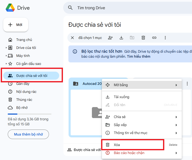 Xóa các file dữ liệu trong mục Được chia sẻ với tôi