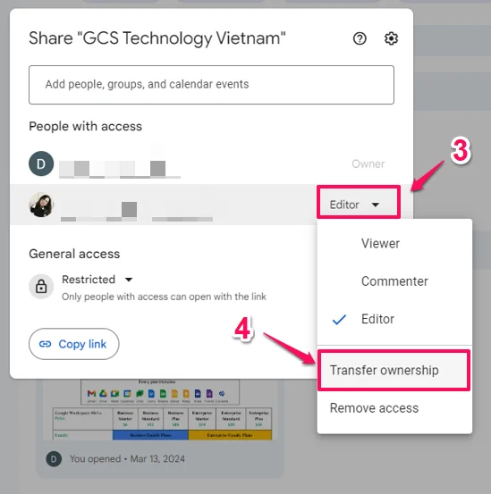 Các bước chuyển quyền sở hữu Google Drive bước 2.2