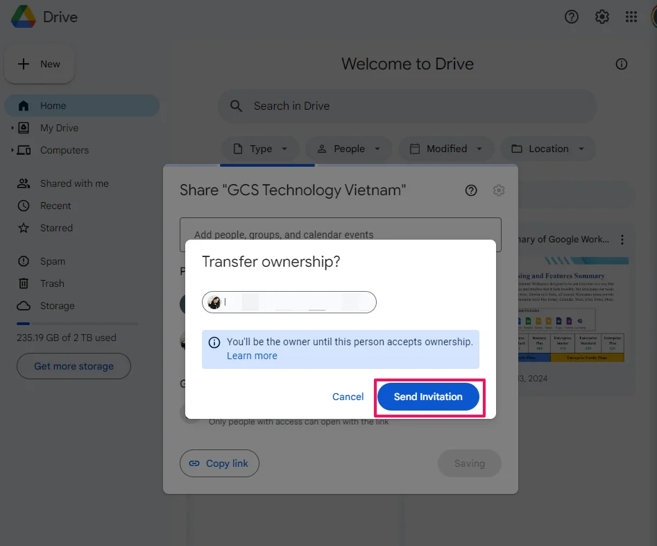 Các bước chuyển quyền sở hữu Google Drive bước 3.1