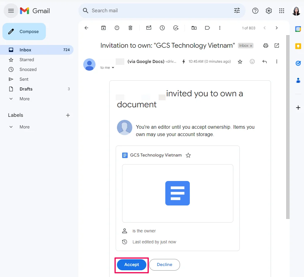 Các bước chuyển quyền sở hữu Google Drive bước 3.2