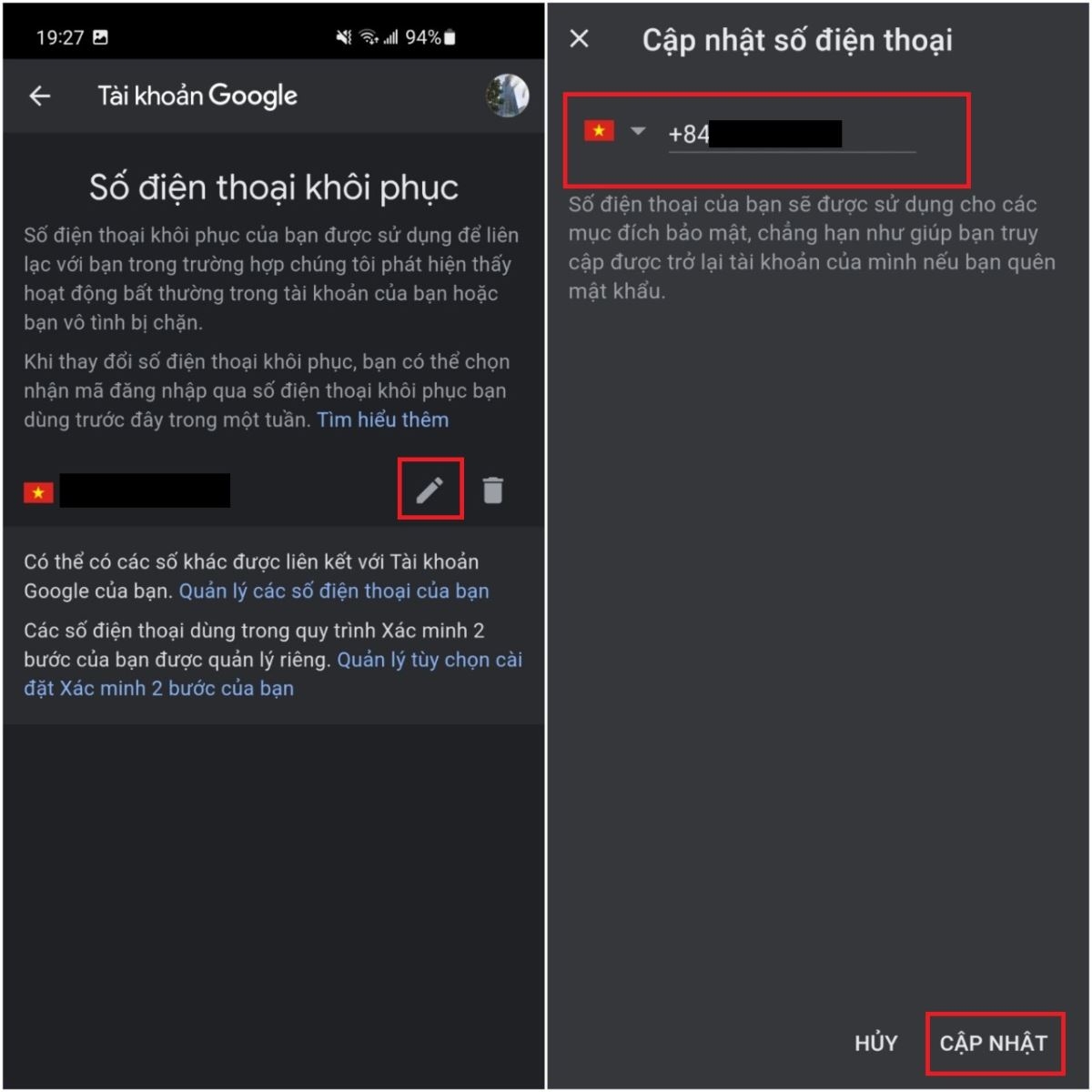 Các bước đổi số điện thoại Gmail bằng điện thoại bước 2.2