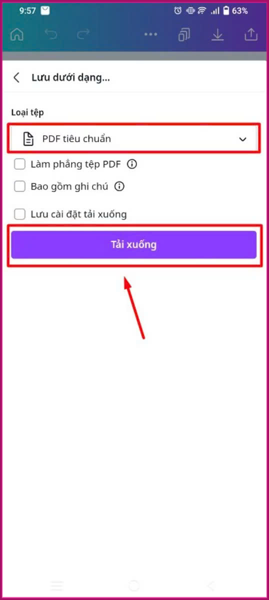 Các thao tác cần thực hiện khi chuyển Canva sang PDF trên điện thoại bước 3