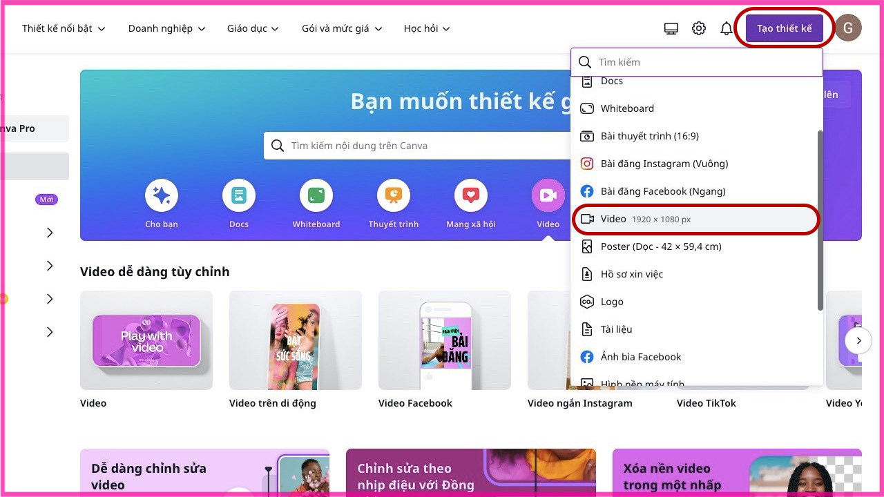 Cách chèn video vào Canva từ Thư viện có sẵn trên Canva bằng máy tính bước 1