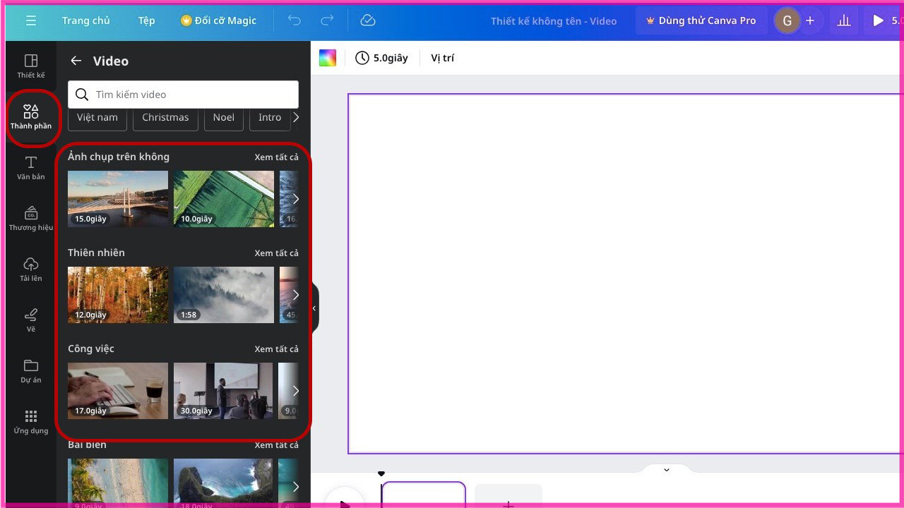 Cách chèn video vào Canva từ Thư viện có sẵn trên Canva bằng máy tính bước 2
