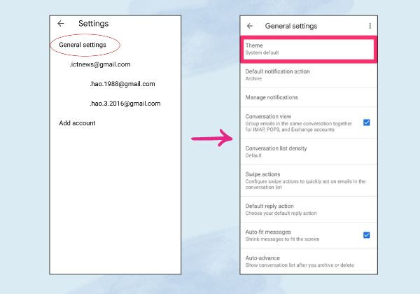 Cách đổi hình nền Gmail trên điện thoại bước 3