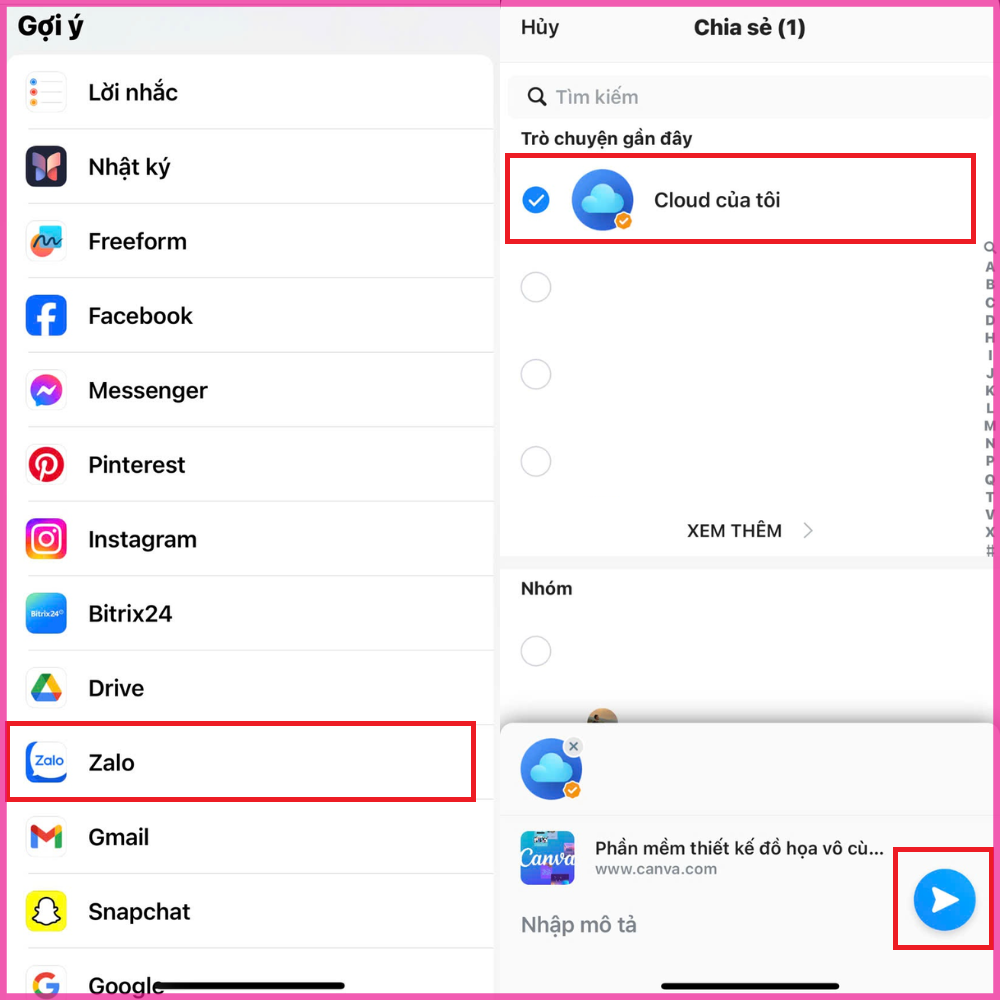Cách gửi Canva qua Zalo trên điện thoại Bước 5