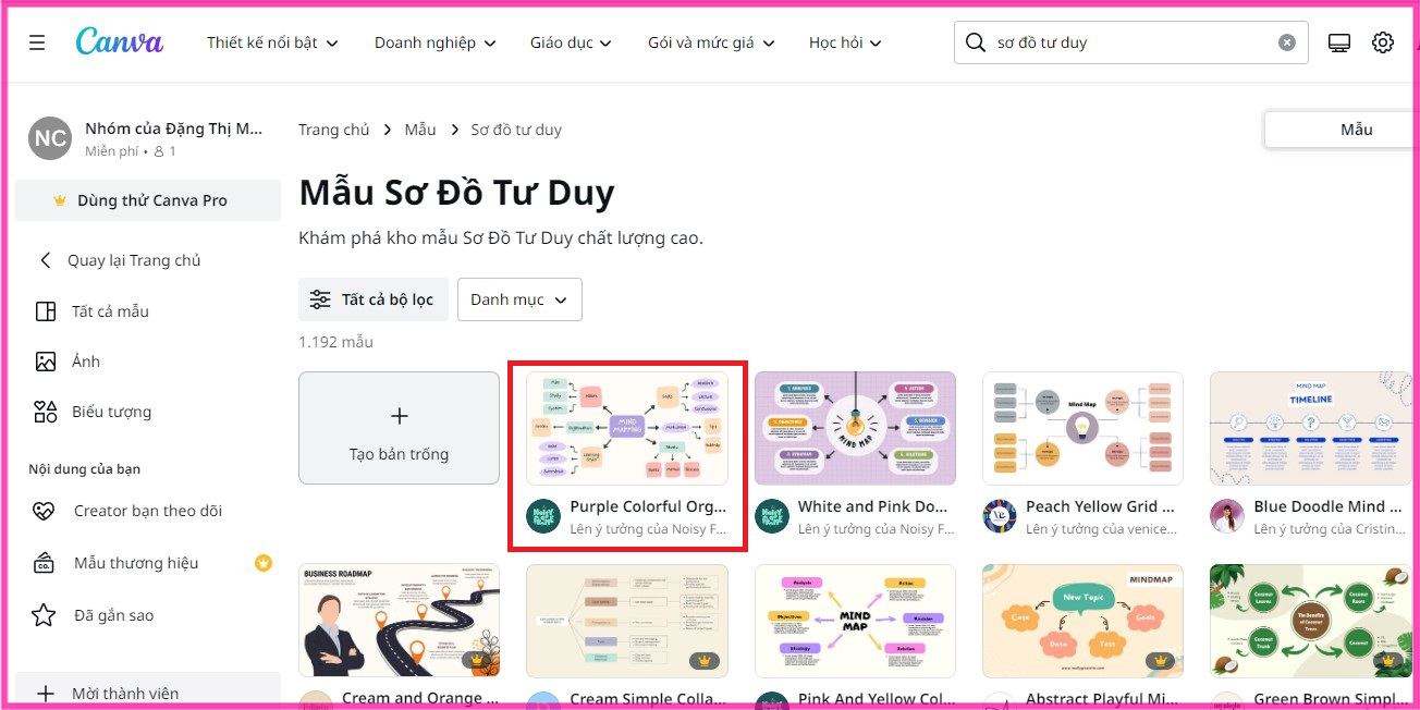 Cách làm sơ đồ tư duy trên Canva bằng máy tính Bước 2