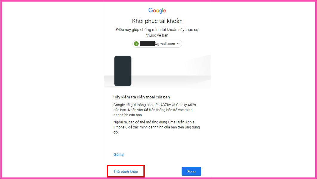 Cách lấy mã xác minh Gmail khi quên mật khẩu Email bước 2.2