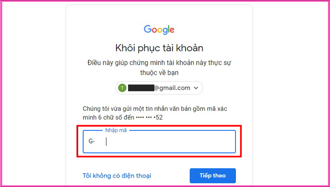 Cách lấy mã xác minh Gmail khi quên mật khẩu Email bước 4.1