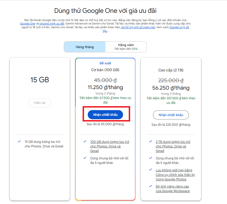 Mua qua Google One trên máy tính bước 2
