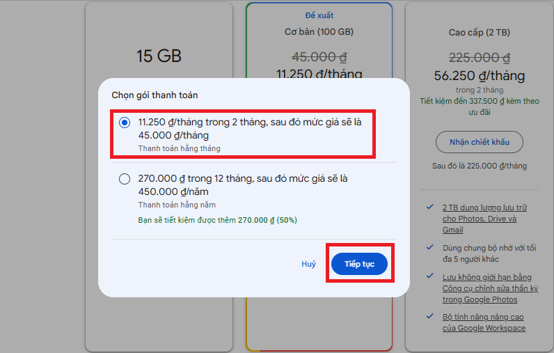 Mua qua Google One trên máy tính bước 3