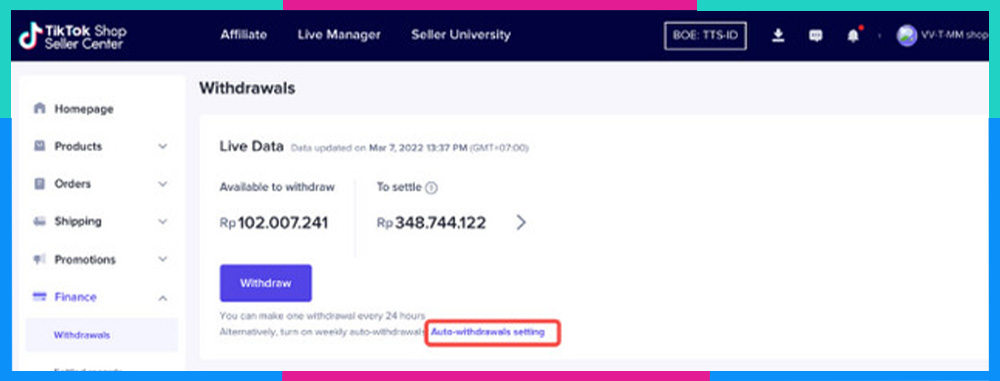 Cách rút tiền trên TikTok Shop
