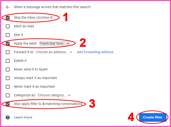 Cách tạo bộ lọc để chỉ định các email đến sẽ được gán vào nhãn bước 6