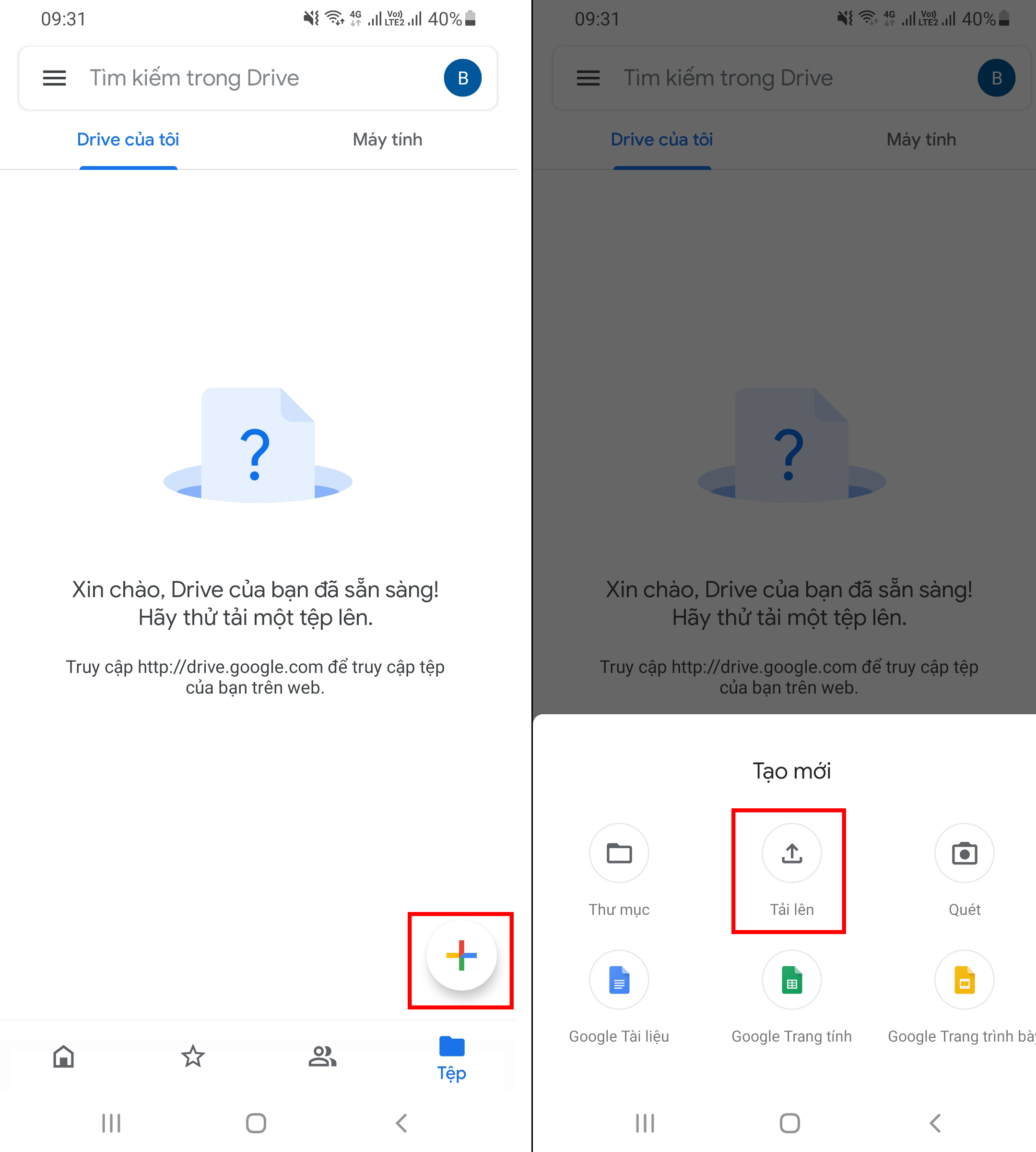 Cách tạo link Excel trên Google Drive bằng điện thoại bước 1