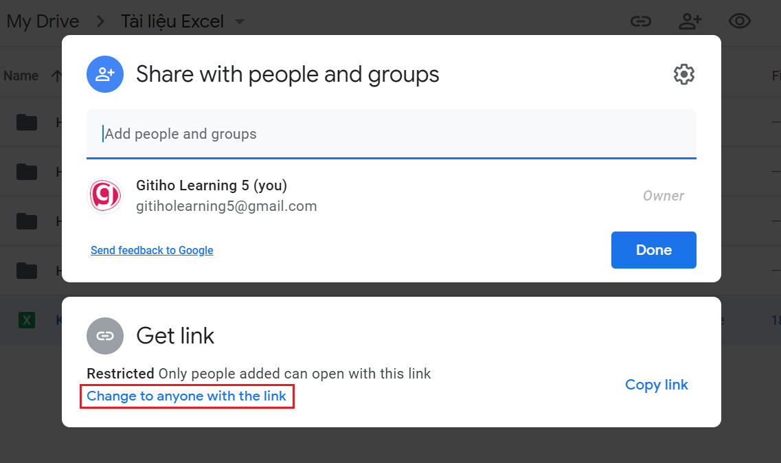 Cách tạo link Excel trên Google Drive bằng máy tính bằng Copy Link bước 2