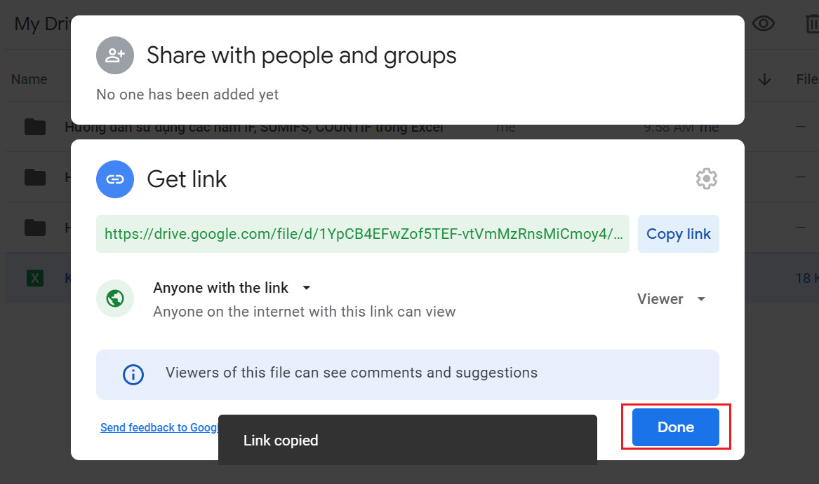 Cách tạo link Excel trên Google Drive bằng máy tính bằng Copy Link bước 4