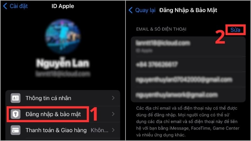 Vào cài đặt, chọn ID Apple -> IB Apple -> Đăng nhập & Bảo mật -> Sửa