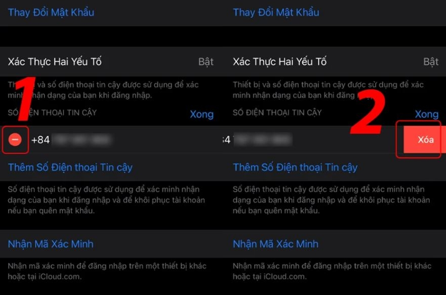Chọn Xóa -> tiếp tục -> điền mã vùng -> điền số điện thoại mới