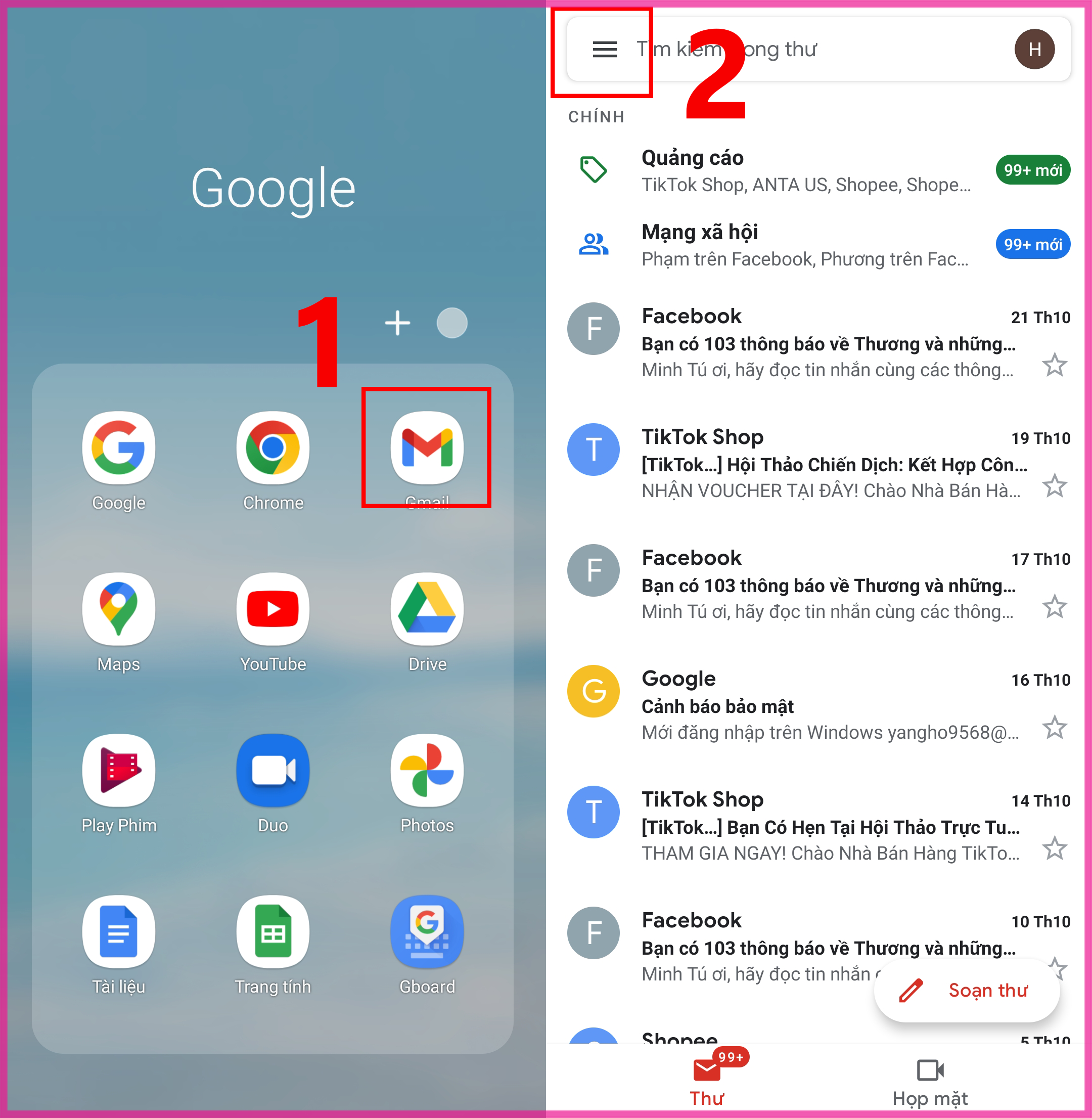 Cách tìm thư đã lưu trữ Gmail trên thiết bị điện thoại bước 1