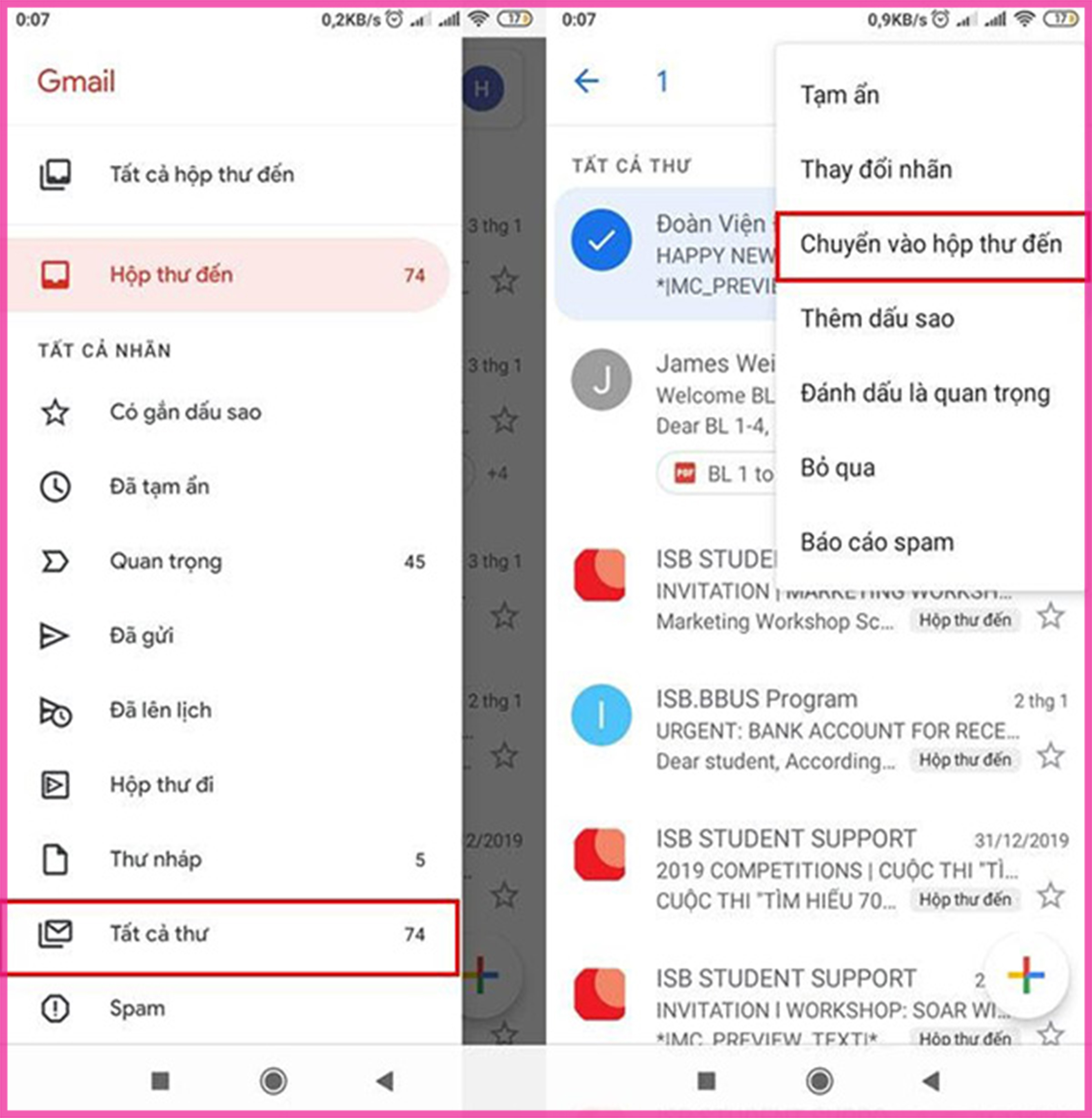 Cách tìm thư đã lưu trữ Gmail trên thiết bị điện thoại bước 2