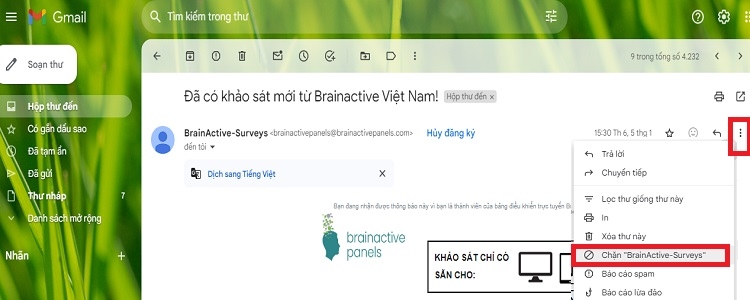 Chặn địa chỉ người dùng gửi mail quảng cáo bước 1