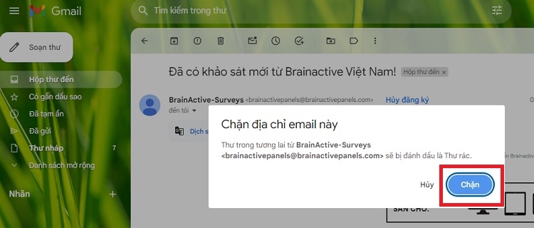 Chặn địa chỉ người dùng gửi mail quảng cáo bước 2