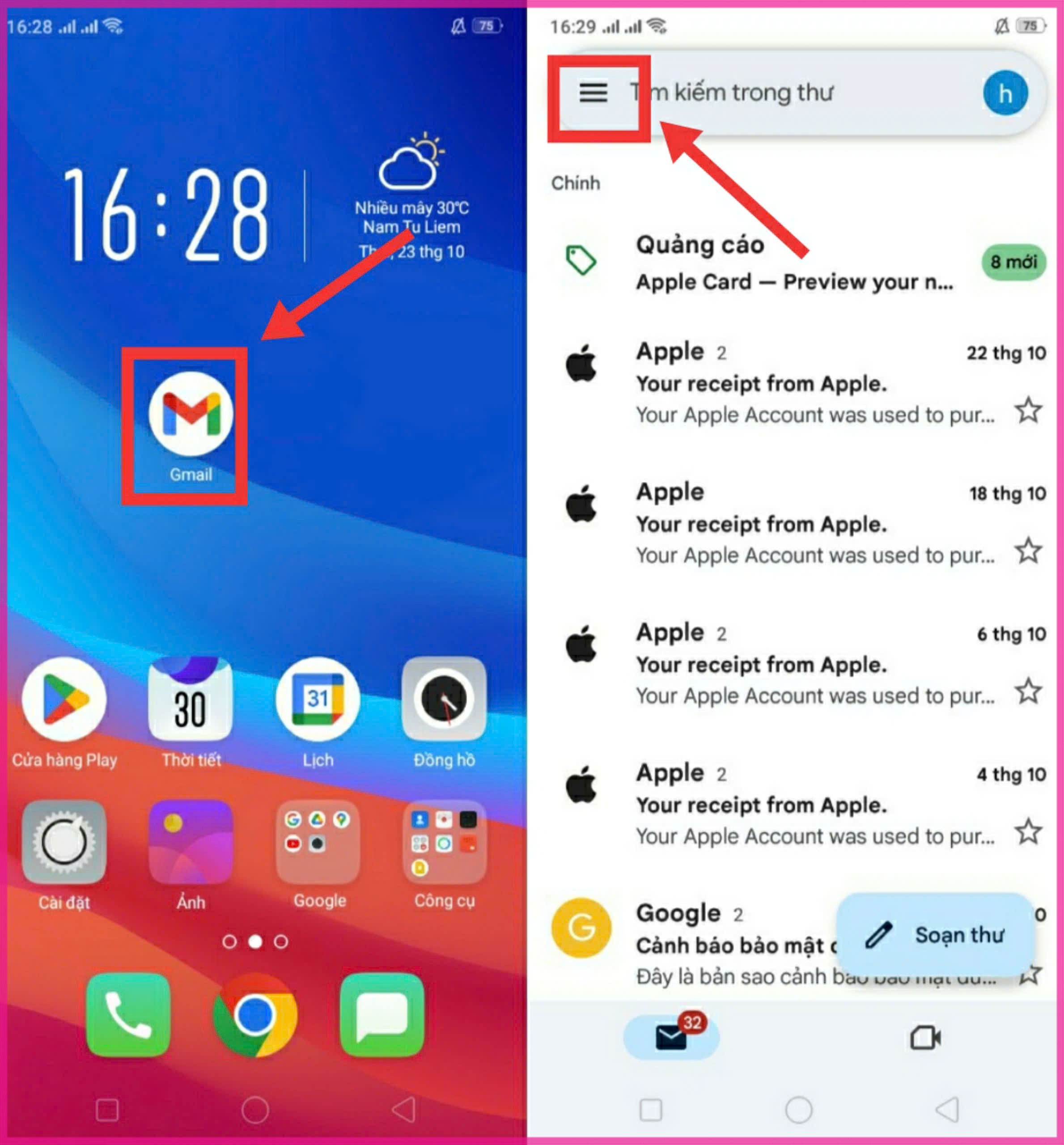 Hướng dẫn cách đăng nhập 2 Gmail trên Android bước 1