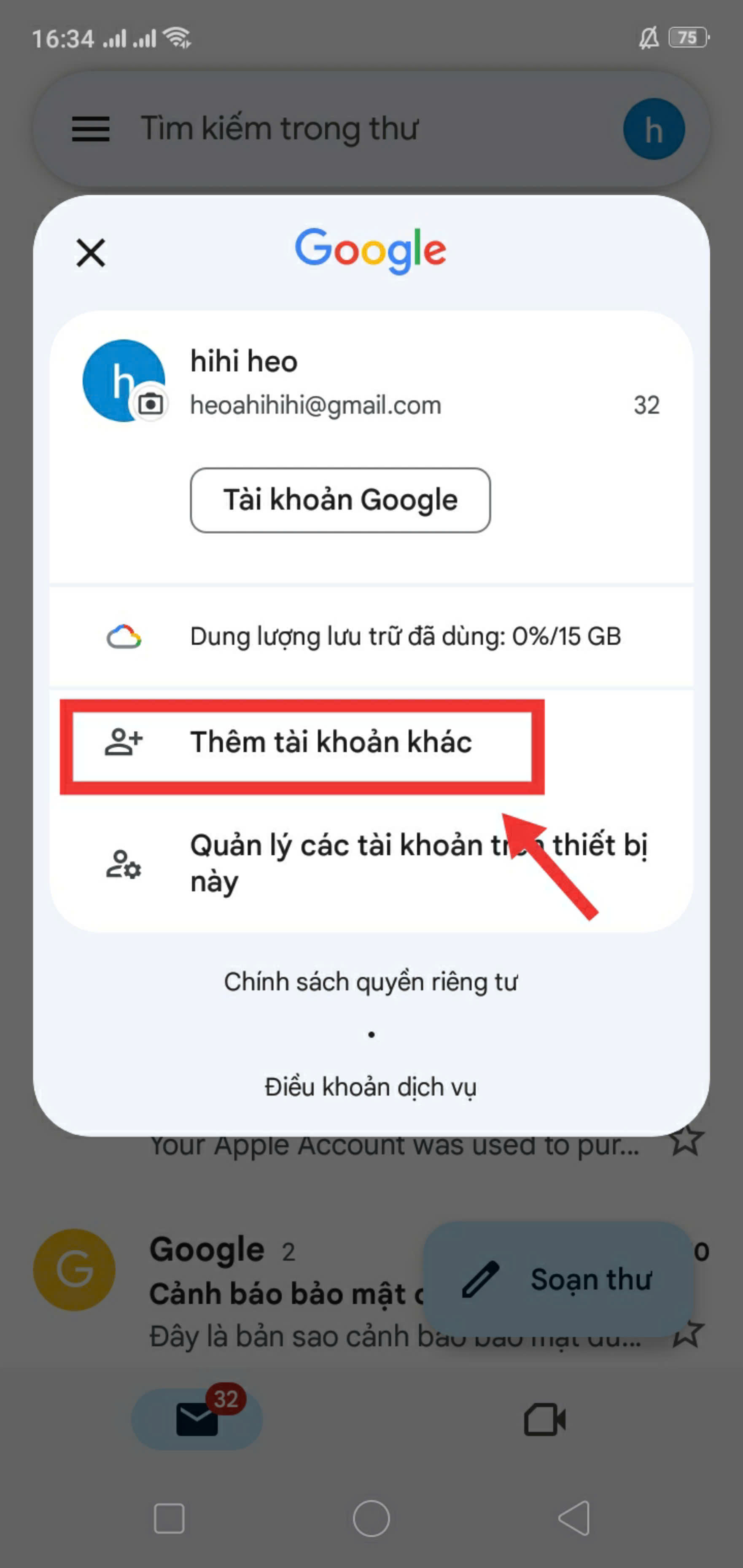 Hướng dẫn cách đăng nhập 2 Gmail trên Android bước 2