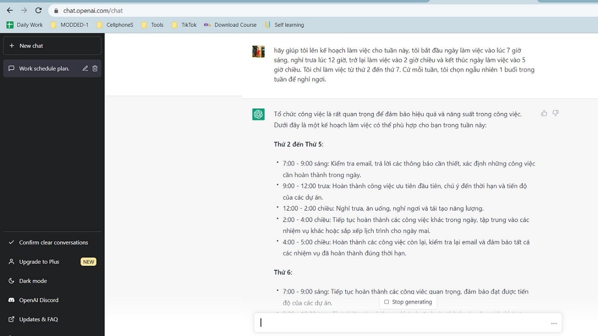 cách sử dụng Chat GPT để lập kế hoạch làm việc