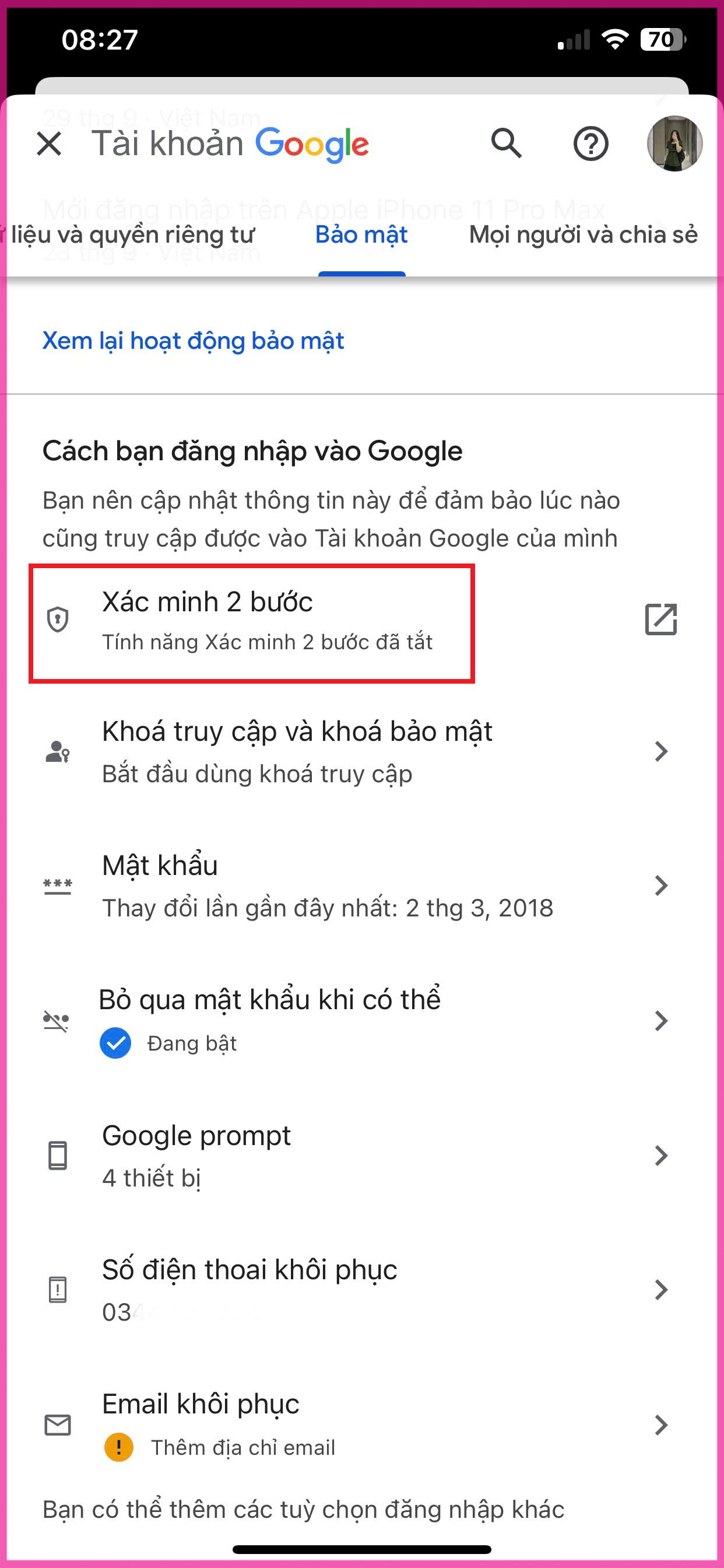 Hướng dẫn chi tiết cách bật xác minh 2 bước Gmail trên điện thoại bước 3.1