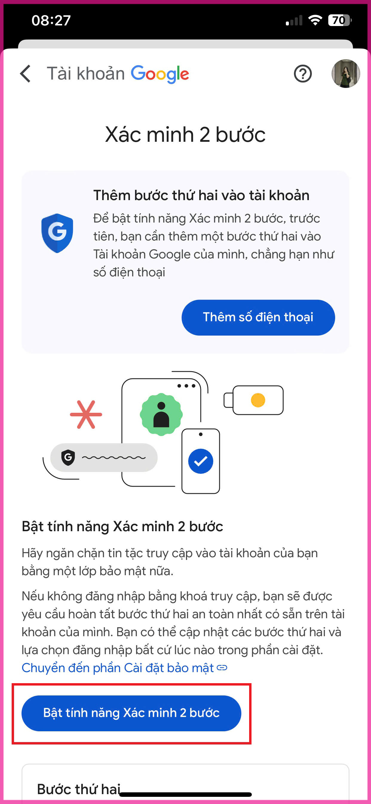 Hướng dẫn chi tiết cách bật xác minh 2 bước Gmail trên điện thoại bước 4.1
