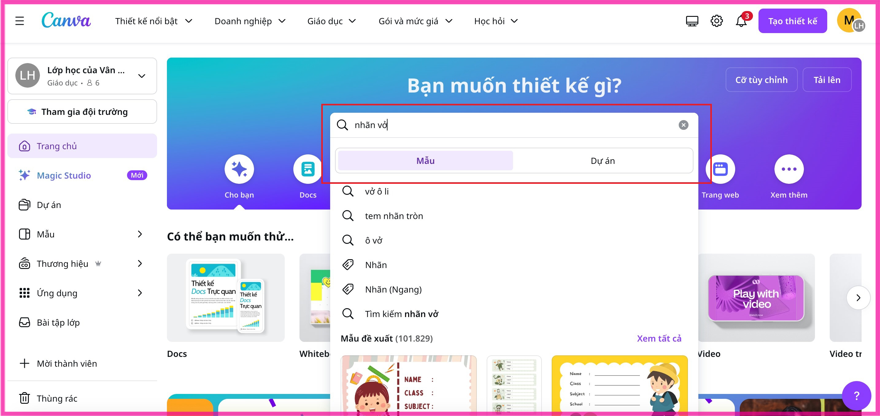 Hướng dẫn làm nhãn vở trên Canva bằng máy tính Bước 1