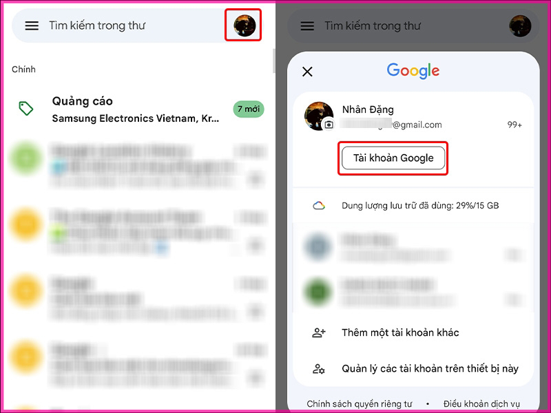 Làm thế nào để đăng xuất tài khoản Gmail bằng điện thoại android bước 1