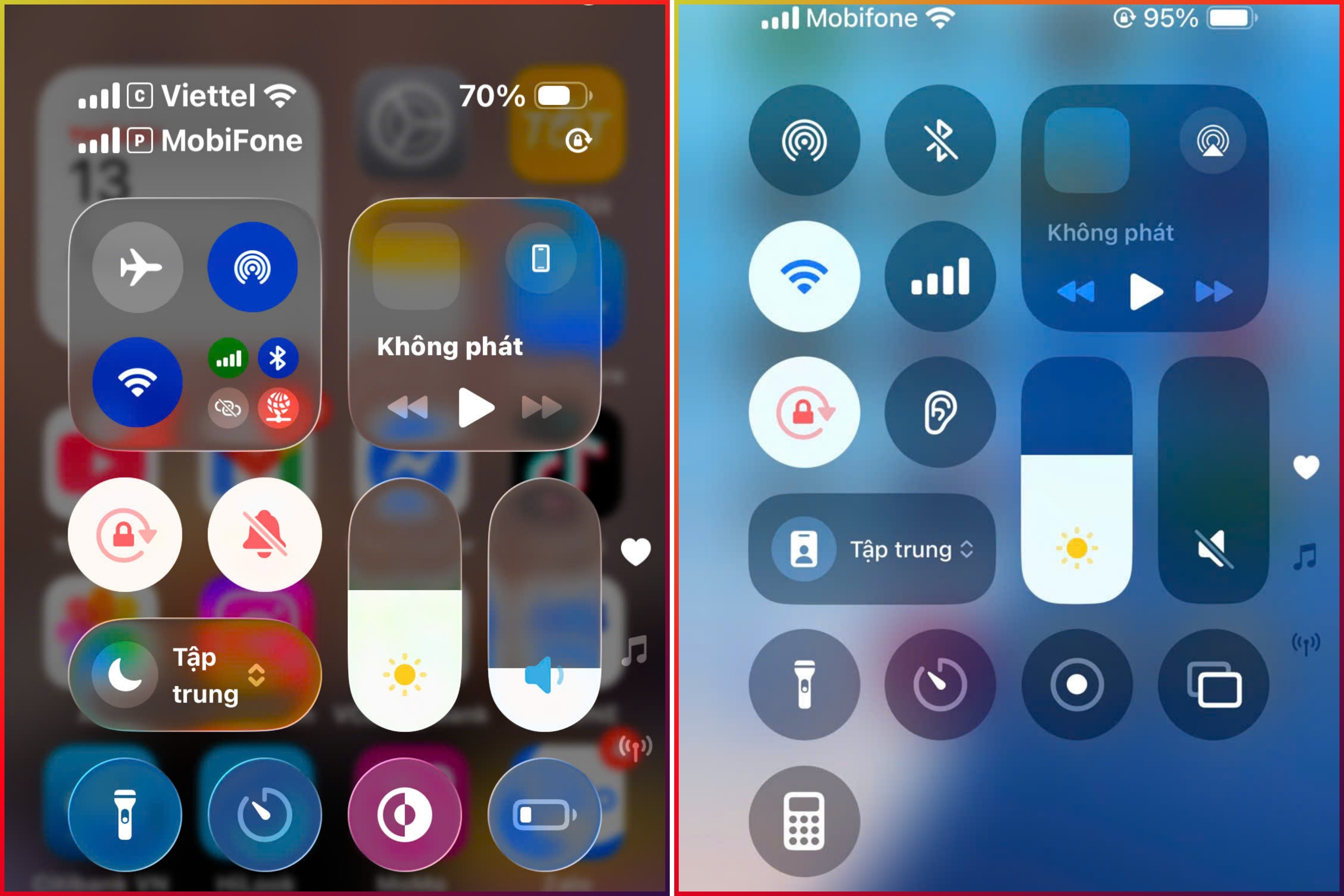 So sánh tính năng iOS 26 (tay trái) và iOS 18 (tay phải)