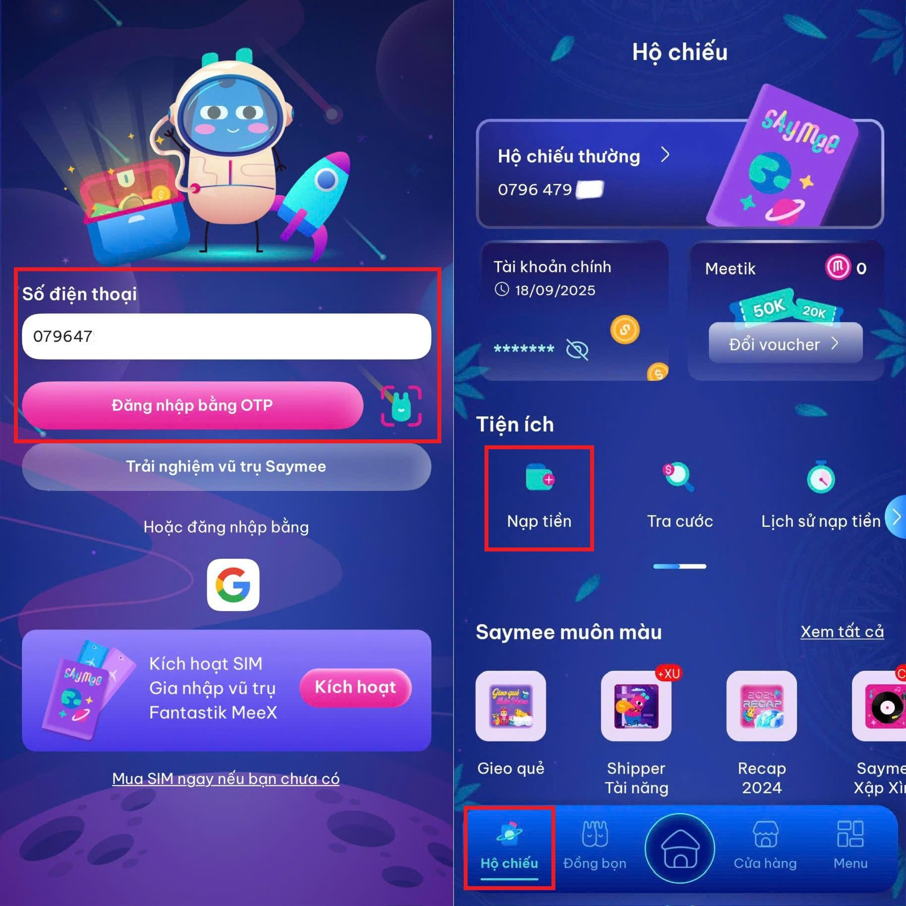 nạp thẻ ngân hàng trên app saymee bước 1