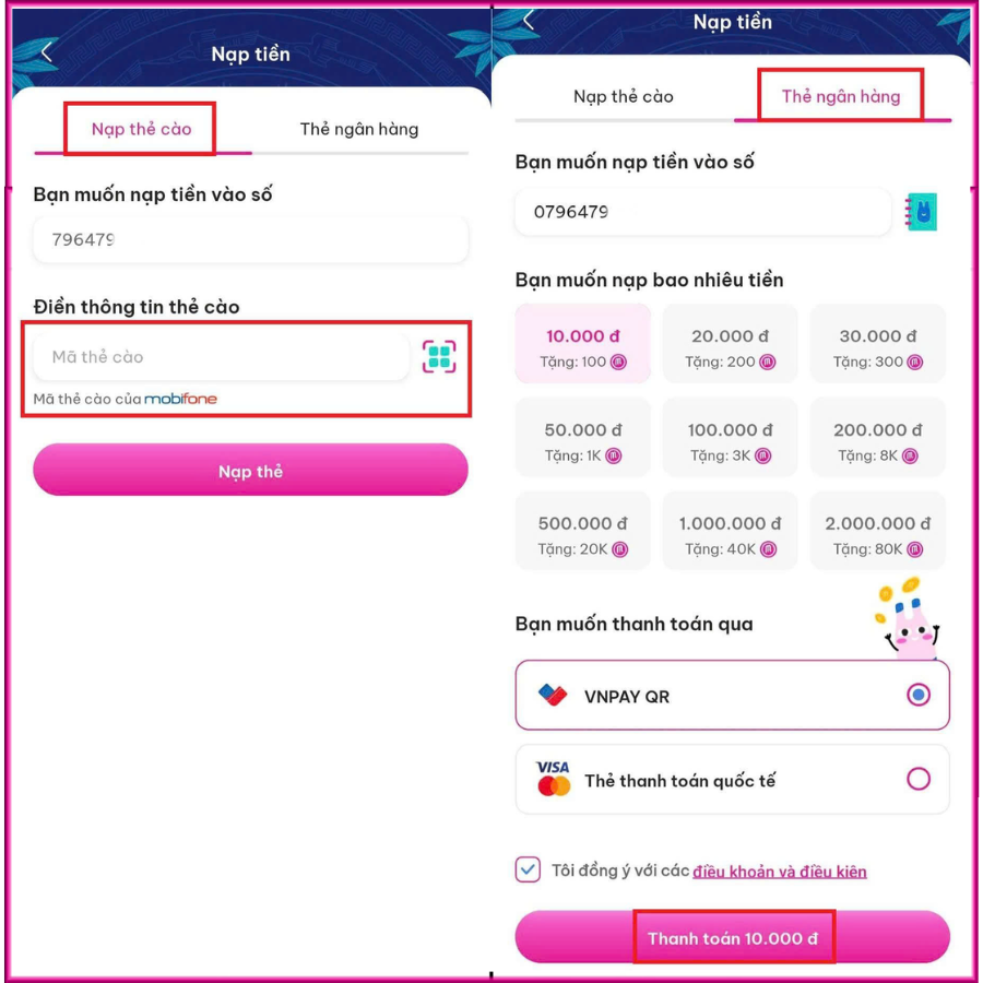 nạp thẻ ngân hàng trên app saymee bước 2
