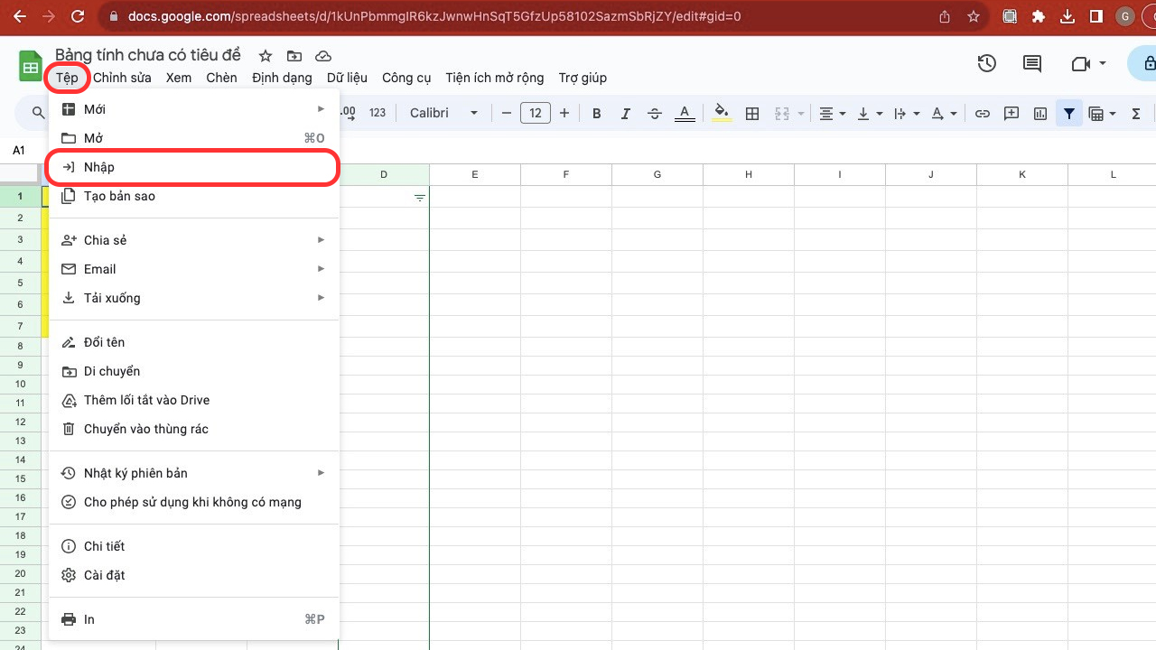 Tải file Excel lên Google Drive với trang tính mới bước 1