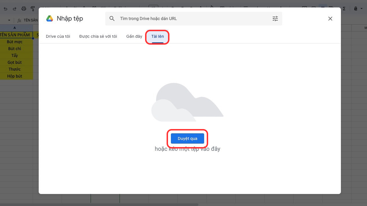 Tải file Excel lên Google Drive với trang tính sẵn có bước 3