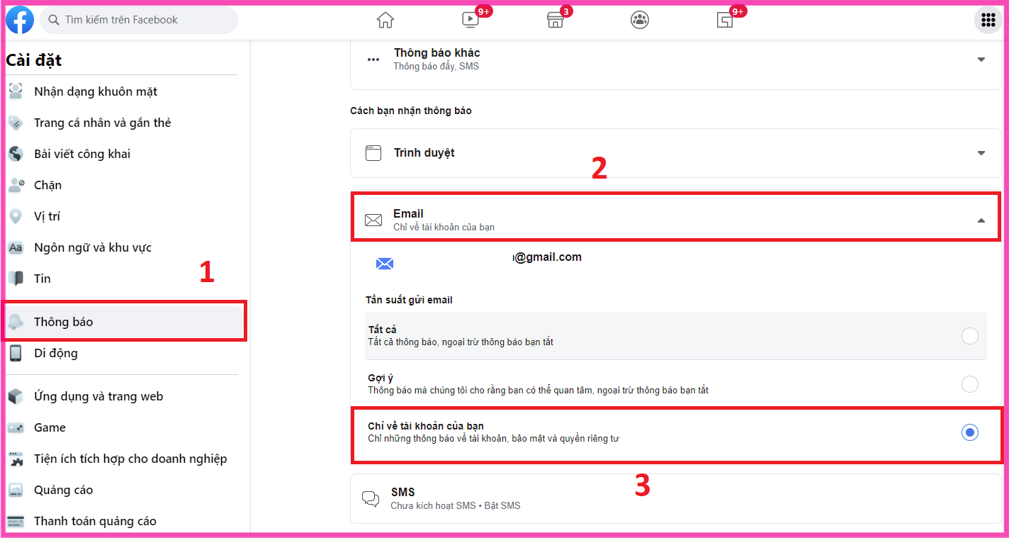 Tắt thông báo bằng cài đặt Facebook bước 1