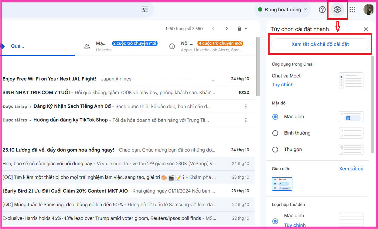 Tắt thông báo bằng cài đặt Gmail bước 1