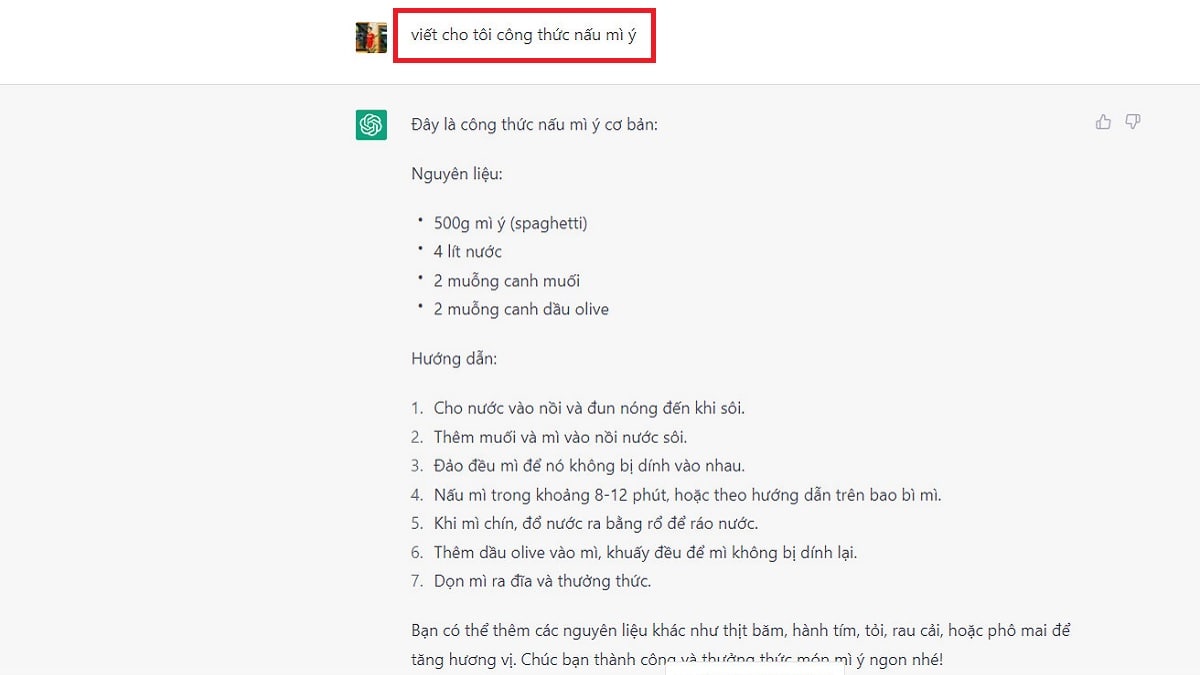 cách sử dụng Chat GPT để tham khảo công thức nấu ăn