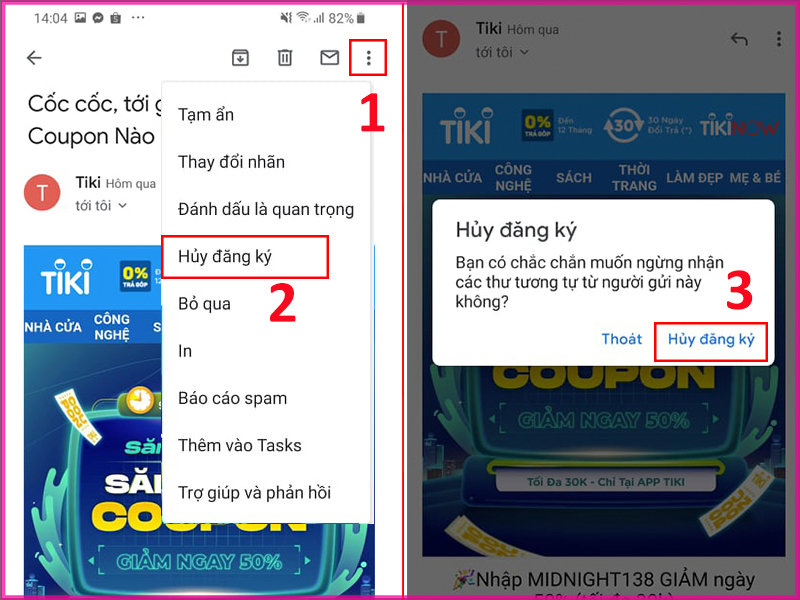 Thao tác hủy đăng ký để chặn mail quảng cáo bước 2