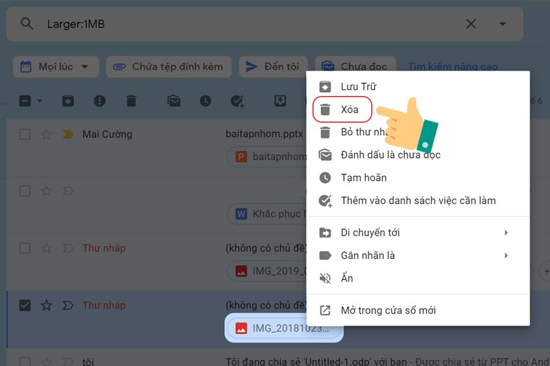 Xóa bỏ email chứa file nặng không cần thiết bước 2