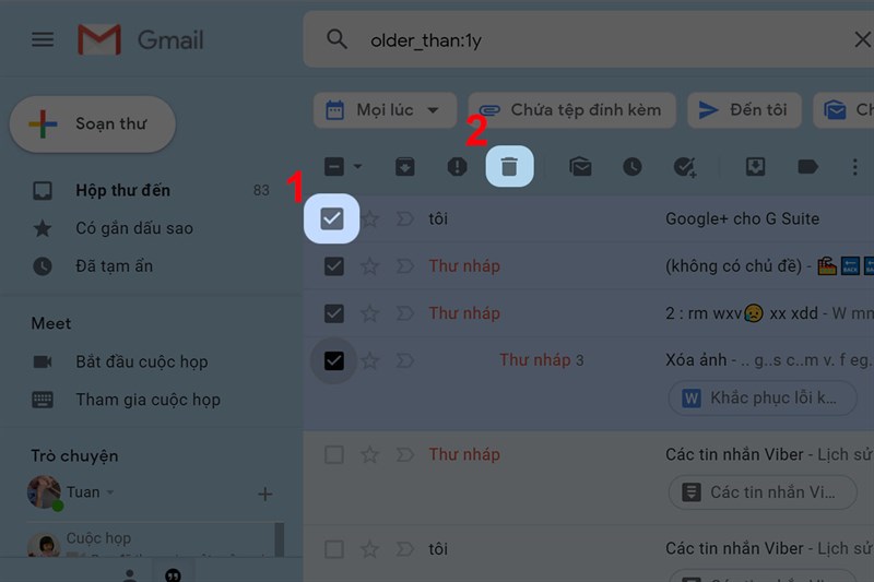 Xóa các email cũ không quan trọng đã đọc bước 2