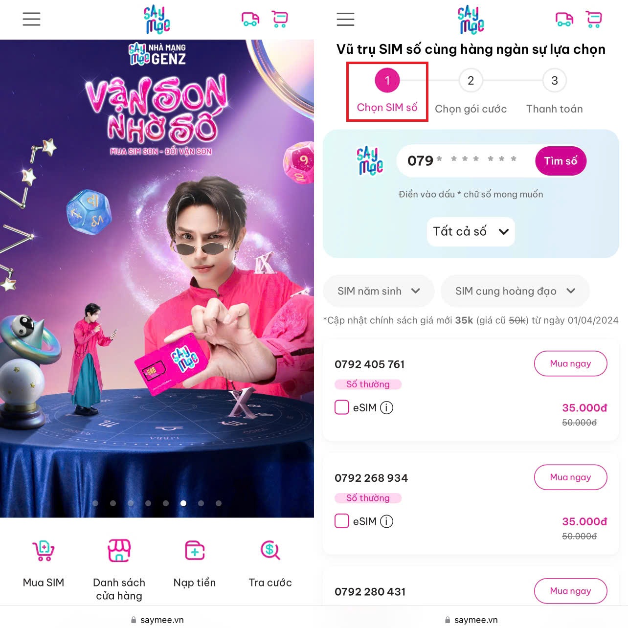 Bước 1 và 2 khi mua SIM Saymee online Bước 1 và 2 khi mua SIM Saymee online